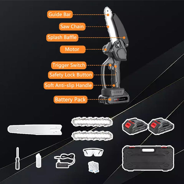 6" Mini Chainsaw Cordless Electric 2x Battery-Powered Wood Cutter Rechargeable